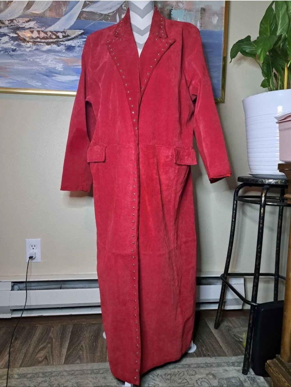 Vintage Bagatelle Women Red Leather Suede Long Trench Coat Studded